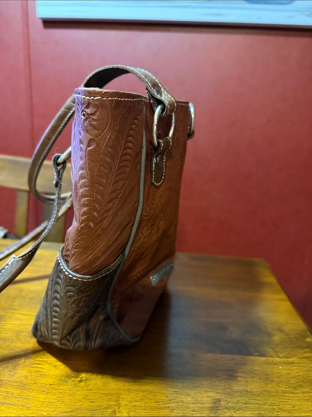 American West Brown Leather Tote with Turquoise Floral Accents - Picture 5 of 5